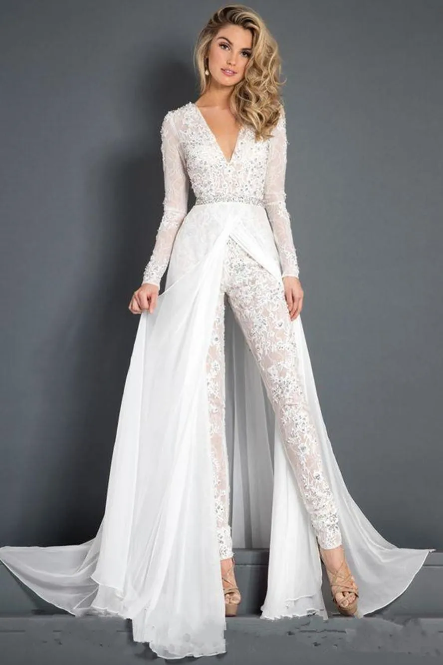 New Lace Chiffon Wedding Dress Jumpsuit With Train Modest V-neck Long Sleeve Beaded Belt Flowy Skirt Beach Casual Jumpsuit Bridal Gown