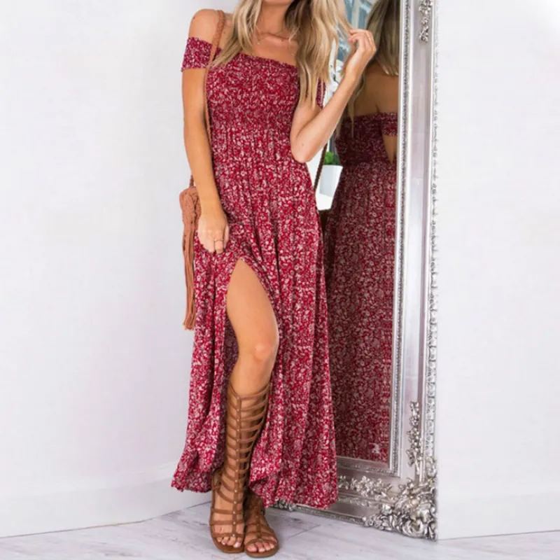 Bohemian kvinnor sommar klänning 2019 rödblå blommig boho klänningar av axel lång strand vestidos sexig sundress avslappnad maxi klänning gmx190708