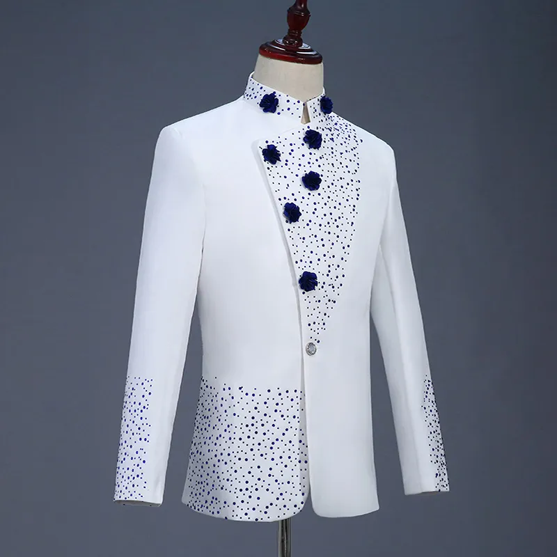 Costumes pour hommes Blazers Tunique Chinoise Costume Style Rétro Blanc Avec Strass Bleu Veste Pantalon Droit 2 Pièces Ensemble Stand Col233z