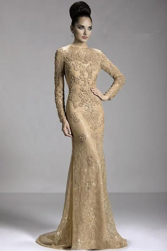 Gold Lace Applique Mermaid gown for Wedding with Long Sleeves and Beaded Detailing - Plus Size Wedding Guest Attire 2019 Gold Lace Applique Mermaid gown for Wedding with Long Sleeves and Beaded Detailing - Plus Size Wedding Guest Attire 2019