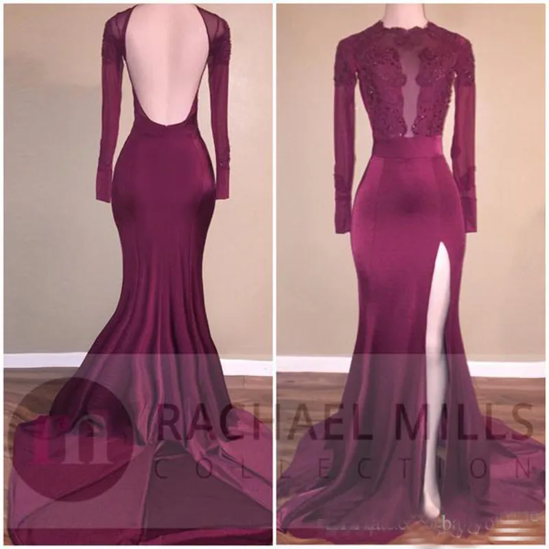 Burgund Prom Kleider Sheer Neck Open Back Split Lange Abendkleider Spitze Satin Afrikanischen Vestidos Nach Maß