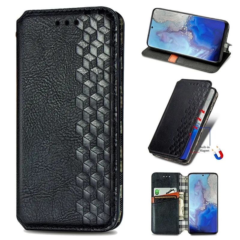 Etuis portefeuille en cuir 3D Cube pour Samsung S23 M13 X Cover 6 Pro A23E A14 5G A03 Core A73 5G A23 A13 4G S22 Ultra Plus Square Sparkle Suck Porte-fermeture magnétique Flip Purse