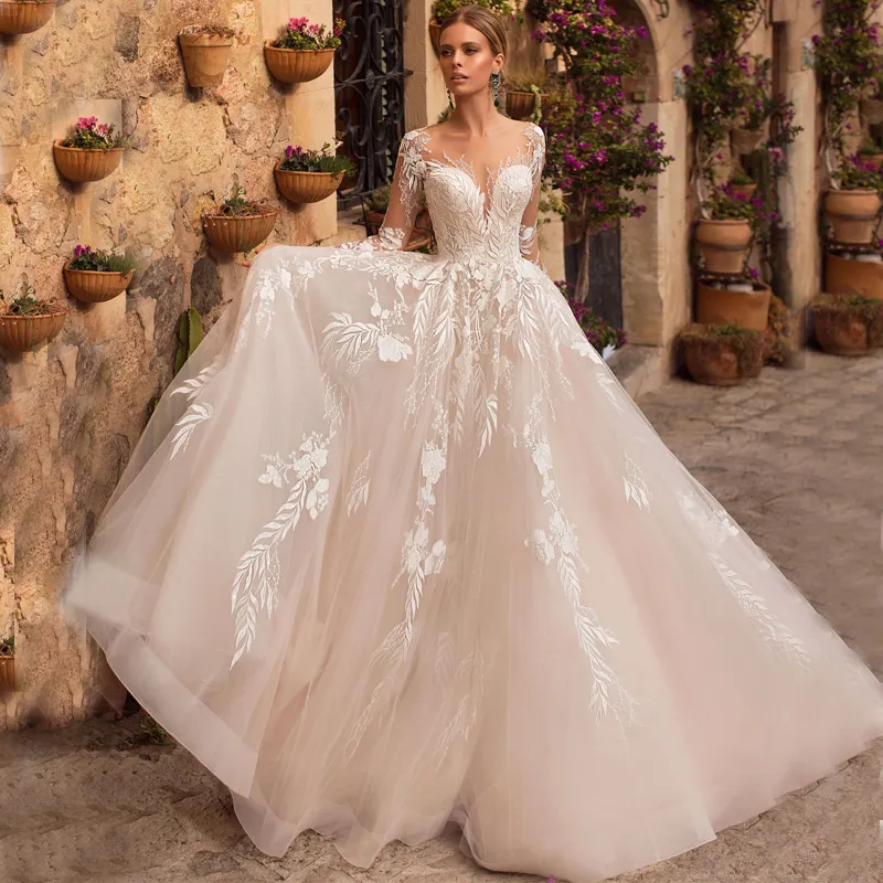 2020 Luxury Wedding Dress Lace Appliques Sheer Neck Long Sleeves Tulle Bridal Gowns with Iillusion Back Custom Made