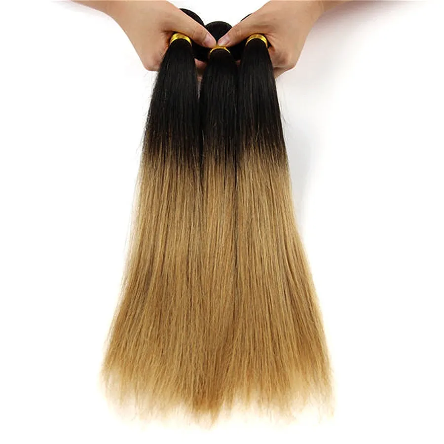 ヴァージンPweuvian人間の髪の毛織り1b 27蜂蜜金髪人間の髪の伸びのシルクストレートライトブラウンオムレ髪織り3pcs /ロット8aグレード