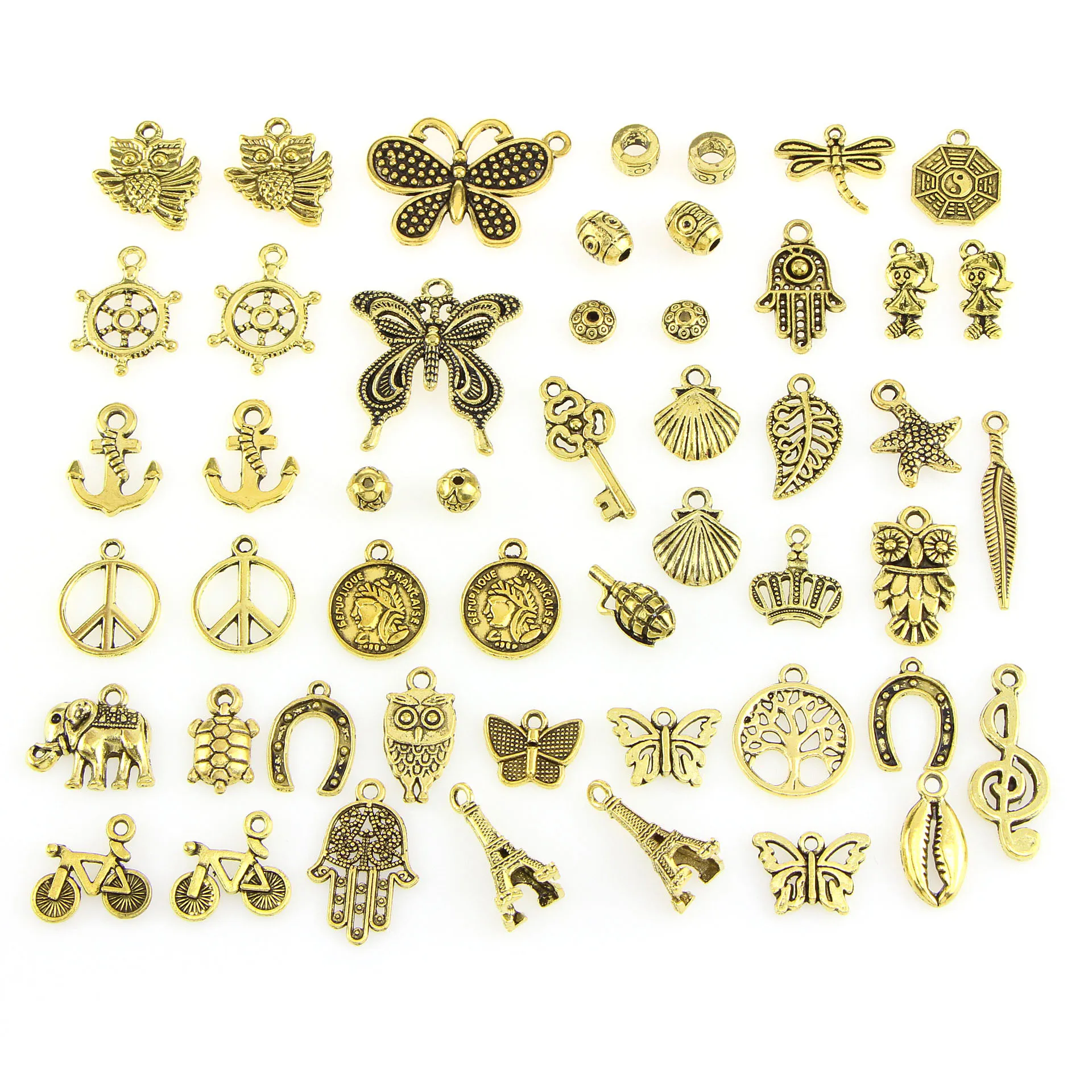 Mixed Designs Retro Golden Color Key Rudder Shell Turtle Bird Hand Tower Bike Butterfly Owl ... Charms för DIY Smycken Montering 50PC / Väska