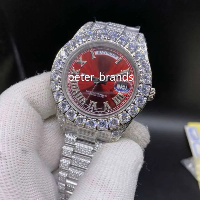 Men s big Diamond Watches Silver Stainless Steel Watch red Face Full Diamond Strap Watch Automatic Mechanical Wristwatch 43MM