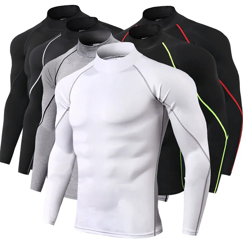 Männer Sport T-shirts Hoher Kragen Fitness Laufen Enge Tops Hohe Elastische Langarm Muscle Gym Jersey Bodybuilding Pullover 05