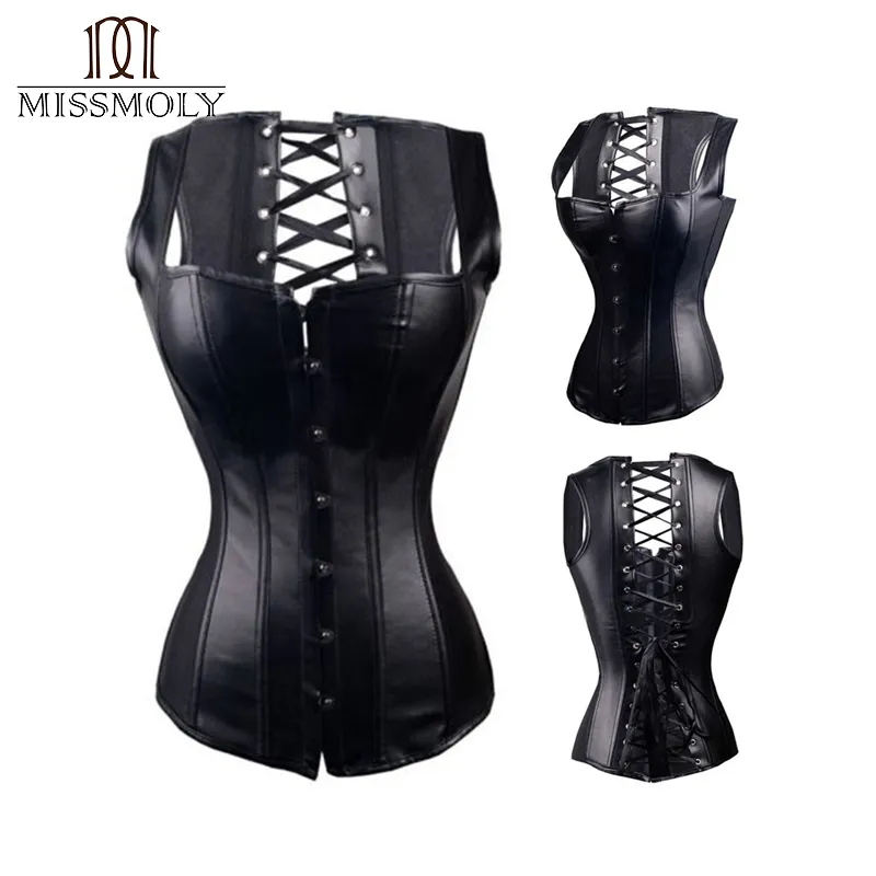 Miss Moly Steampunk in pelle nera Corsetti gotici disossati in acciaio da donna Zip con lacci in vita Trainer Overbust Corsetto Unnderbust Bustier