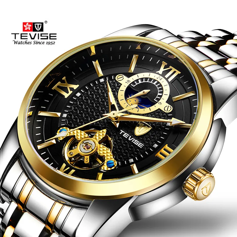 Tevise Fashion Mens Watch Luxury Business Men Watches Tourbillon Design rostfritt st￥l Strap Automatiska handledsklockor