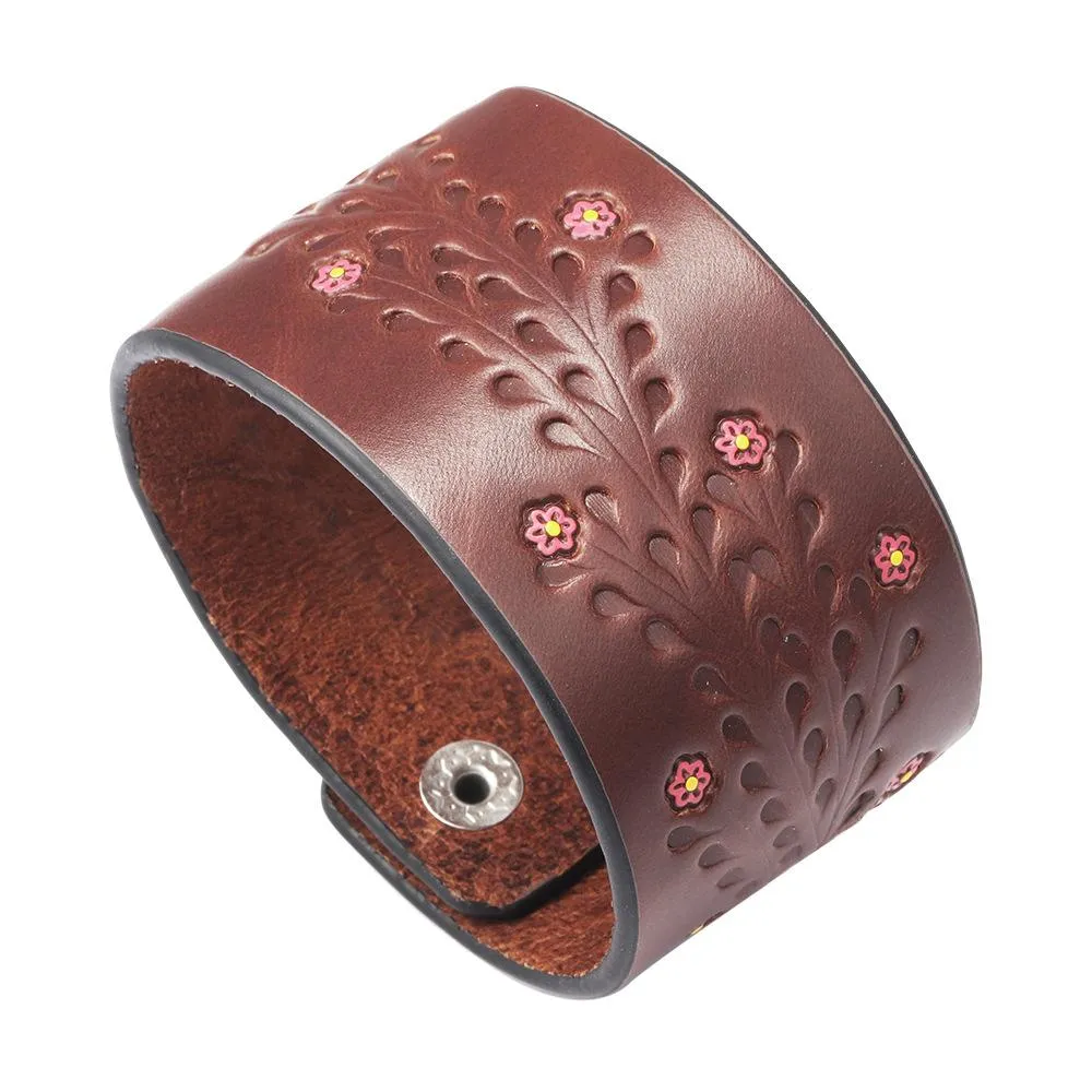 Böhmen Stickerei Blume Leder Armband Weibliche Mode Breite PU Leder Armbänder Armreifen Frauen Femme