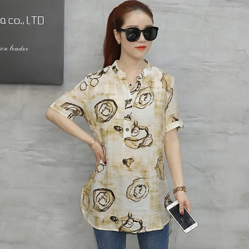 4XL Tallas grandes Blusa larga Mujer Flor de poca Blusas impresas 2018 Elegante dama camisa de manga corta suelta Casual Tama o grande Top