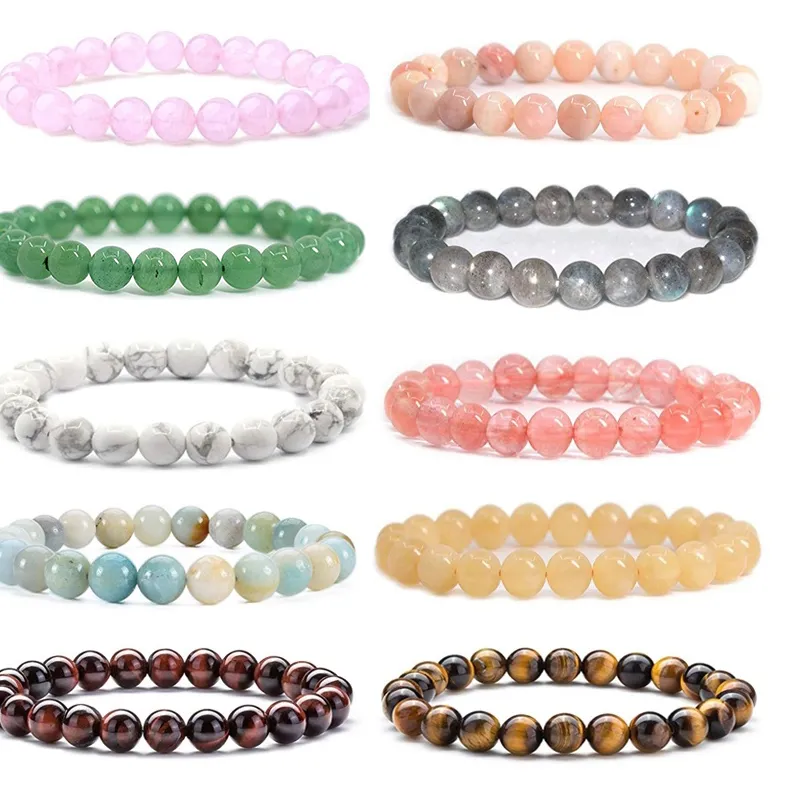 8MM Fashion Strands Luxury Natural Stone Healing Crystal Stretch Beaded Bracciale Donna Uomo Handmade Precious Gemstone Round Bracciali Gioielli