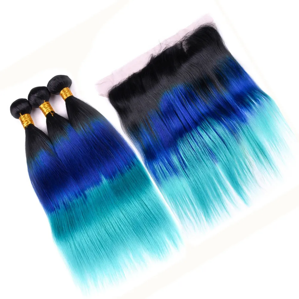 Paquetes Ombre de 3 tonos de cabello humano peruano con frontal recto # 1B / azul / verde azulado Paquetes de tejido Ombre de raíces oscuras 3 piezas con frontal de encaje 13x4