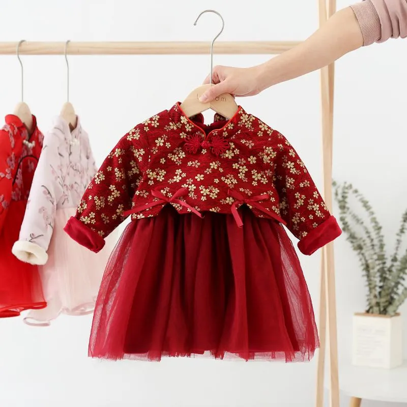 Baby flicka klänning nyårskläder långärmad traditionell klänning cheongsam barn flickor blomma kläder kinesiska sammet qipao