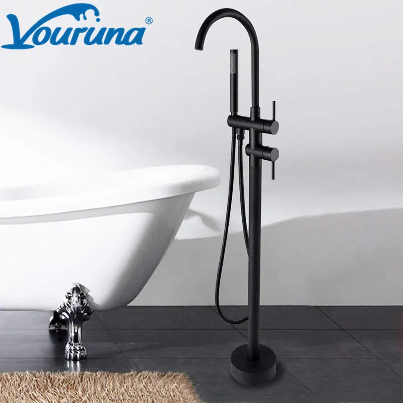 VOURUNA Matte Black Floor Mounted Bath Filler Tap Free Standing Bathtub Faucets Round Style