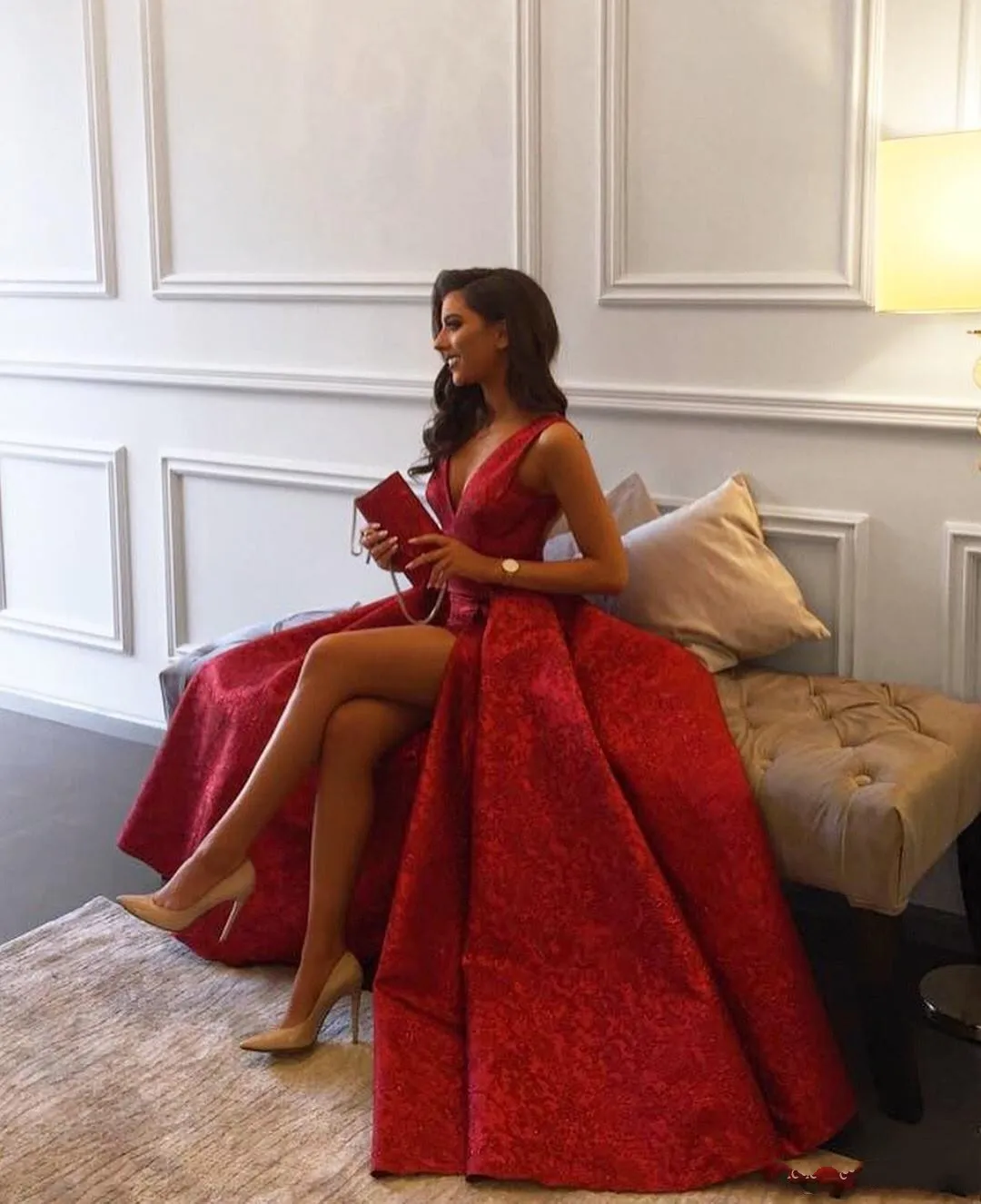 Pinterest Deep Red Lace Dress Red V-Neck Prom Dress: Sexy Lace Applique,  Backless High Shop