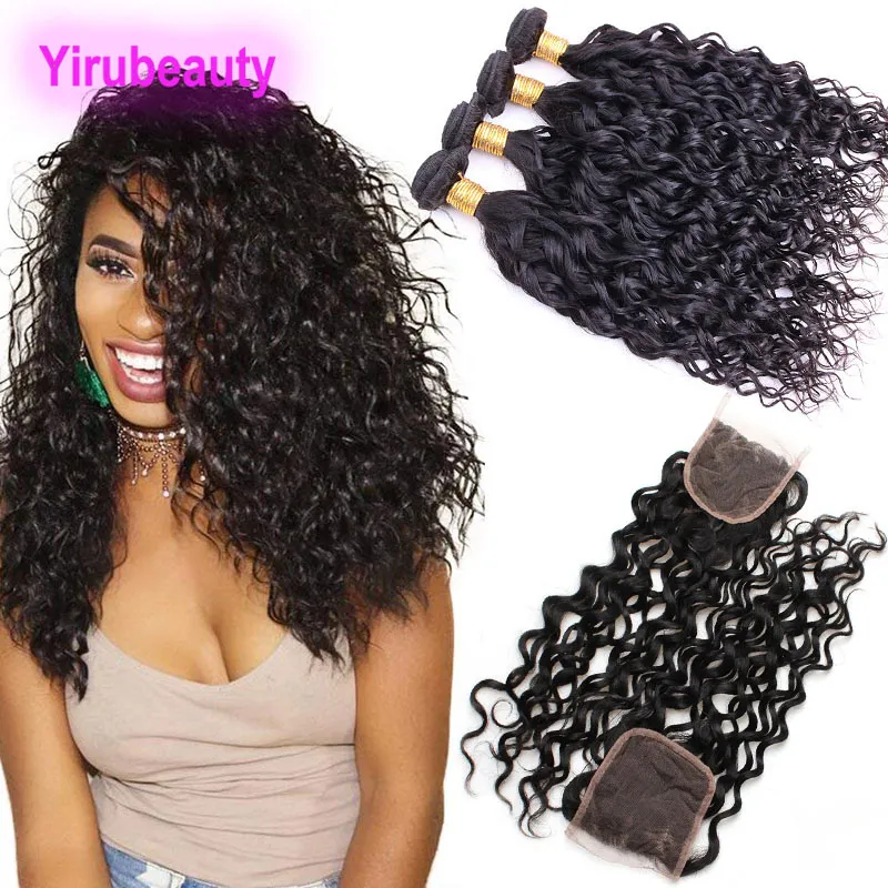 Peruaanse Menselijk Haar Bundels Met 4X4 Vetersluiting Baby Hair Extensions 4 Bundels Met Sluiting Water Wave Natuurlijke kleur 8-28inch