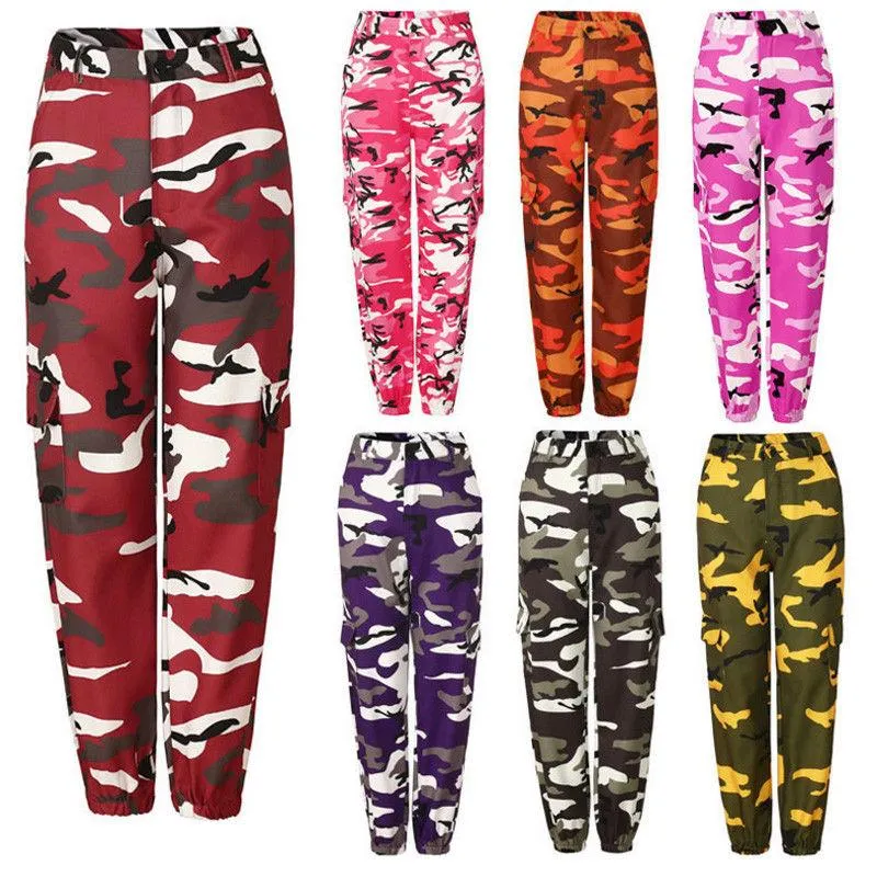 Nuevas mujeres Camo Cargo High Cintura Hip Hop Pantalones Pantalones Militar Ejército Combate Camuflaje Pantalones largos Capris Calientes