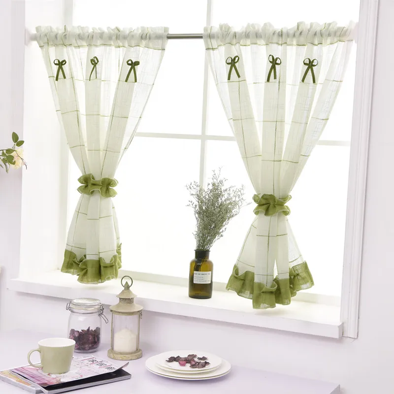 2pcs Simple Pastoral Style Kitchen Curtain High Quality Linen Cloth Curtain with Green Lace Rod Pocket for Window/door