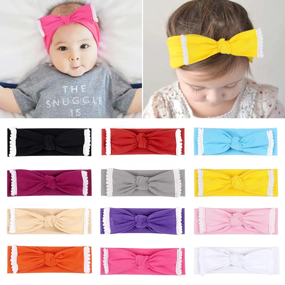 Solid Hair Bows Whtie lace Headband For Baby Girls Elastic Hair Band Cotton Bowknot Turban Headwear Hair Accessories