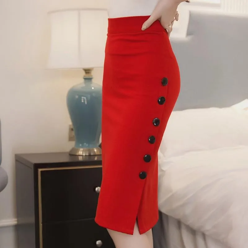 Womens Pencil Skirt Ladies Solid Color High Waisted Button Split Office Skirt Multiple Size Bodycon Female Elastic Sexy Skirts #