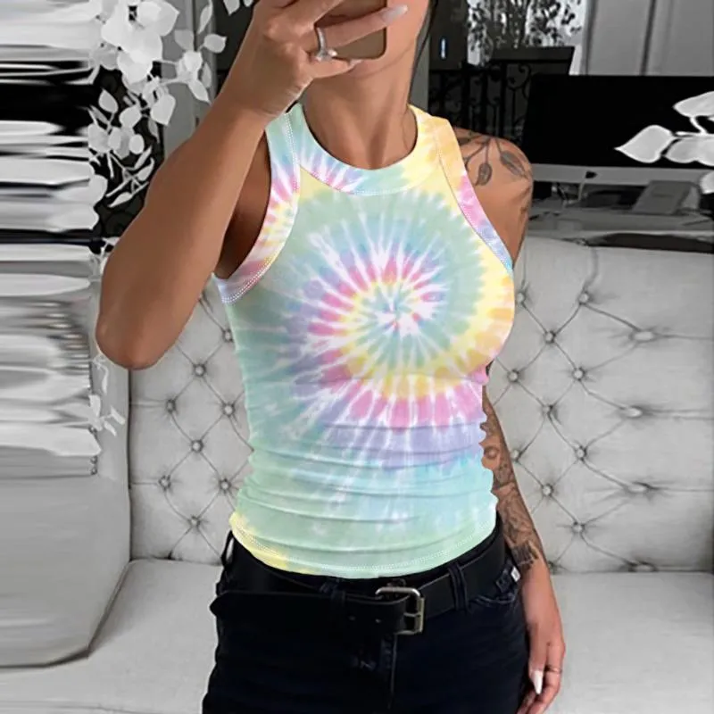 JAYCOSIN Streetwear T-shirt stretta Donna 2020 Nuovo senza maniche Tie-dye Stampa a colori chiari T-shirt da donna Girocollo fresco Tee Top