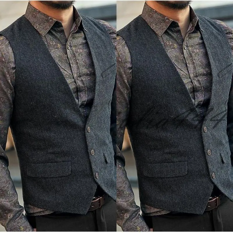 2019 Dark Gray Wool Herringbone Tweed Kamizelki Custom Made Męskie Kamizelki Kamizelki Szczupłe Kamizelki Vintage Wedding Vest Plus Rozmiar Brytyjski kamizelka