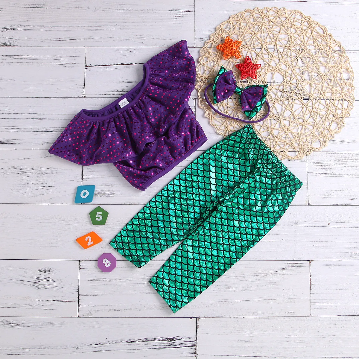 Mermaid Off Shoulder Outfit Set For Baby Girls With Fish Scale