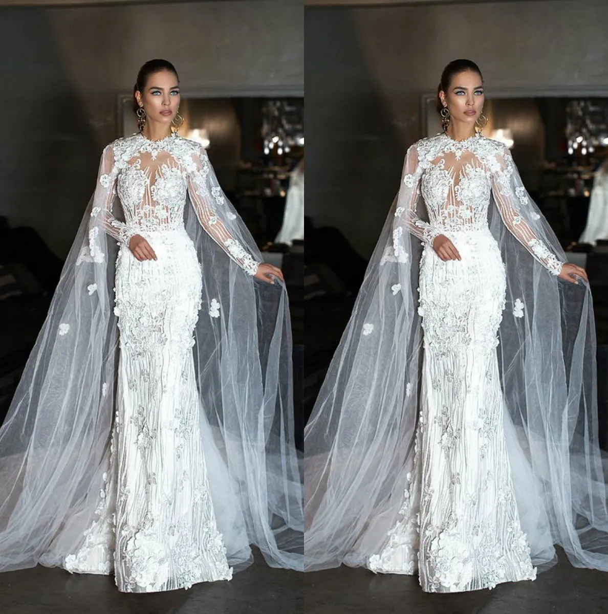 Fabulous Mermaid Wedding Dresses With Cape Jewel Neck 3D Lace Bridal Gown Vestidos Dubai Long Sleeve Beach Wedding Dress Plus Size184V