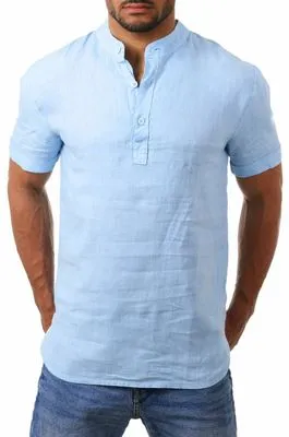 Nueva camisa de verano para hombre, holgada, de algodón y lino, sólido corto, manga con cuello en V, blusa Retro, ropa de calle, camisas hombre295u
