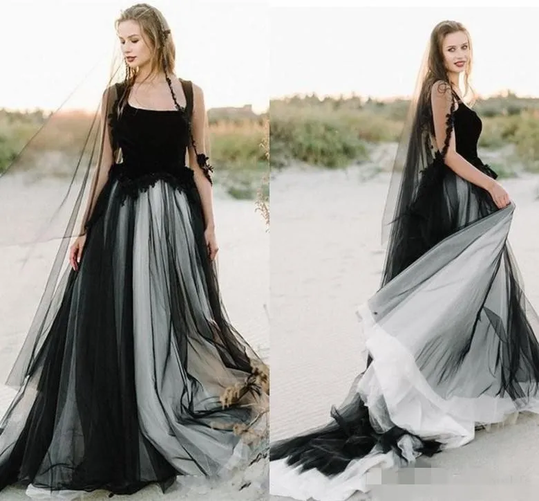 Robe de mariée gothique noire en dentelle, avec des appliques en Tulle, bretelles, couleur contrastée, sur mesure, 2020