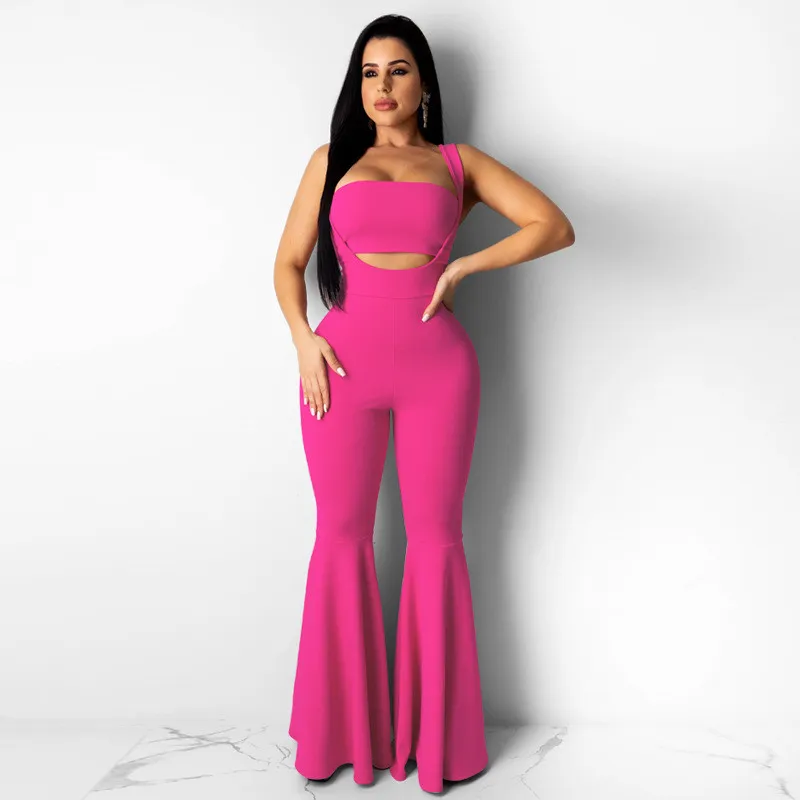 Nya sommarkvinnor Designer Bell-Bottomes Chest Wrap+Jumpsuits Solid Color Two Piece Set Fashion Strapless Bra Rompers Beautiful Vest Fleared Pants 2670