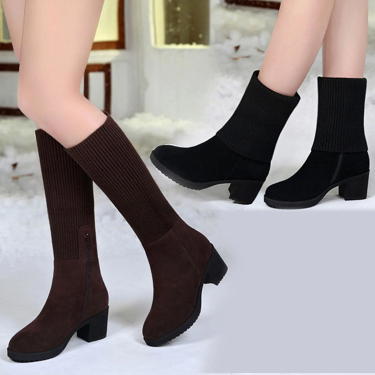 2 maneiras Moda de lã Knitting Patchwork sintético camurça Botas Sock Botas Chunky Heels 5 centímetros Tamanho 34 a 40 41