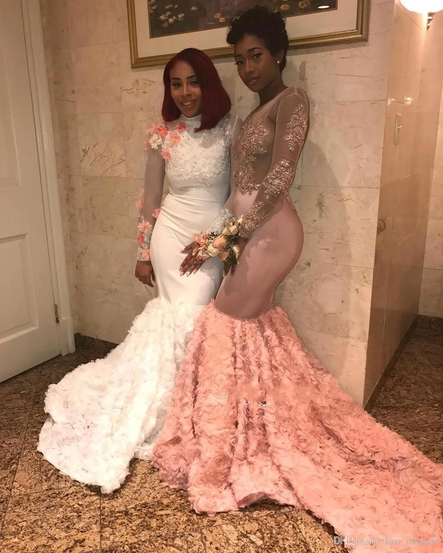 Afrykański Różowy Mermaid Prom Dresses Black Girls Długie Rękawy Koraliki Koronki Handmade Kwiaty Party Suknie Otwórz Powrót Suknie Wieczorowe DH4013