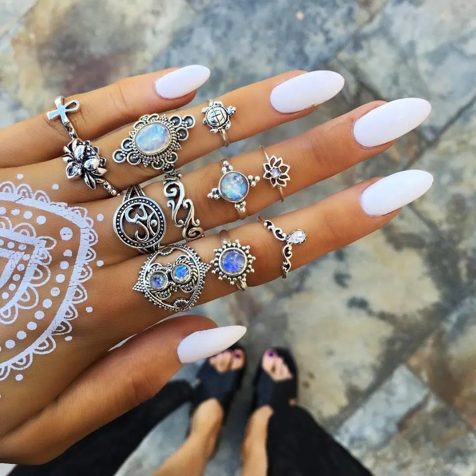 2019 Bohemian Antique Silver Midi Finger Rings set per le donne Crystal Diamond Turtle Cross Lotus Knuckle Rings Gioielli di moda in massa