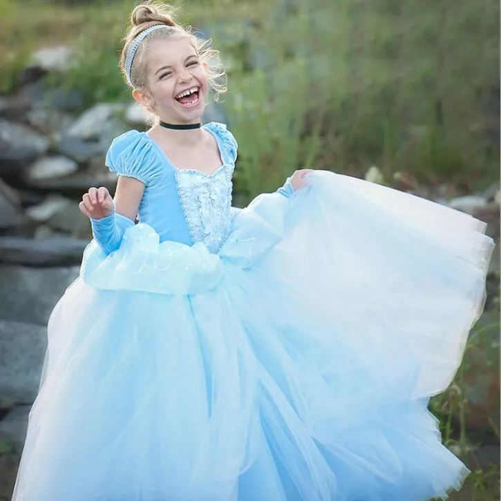 Vestido Infantil Princesa Cinderela Azul Manga Longa / Roupas De  Aniversário Para Crianças