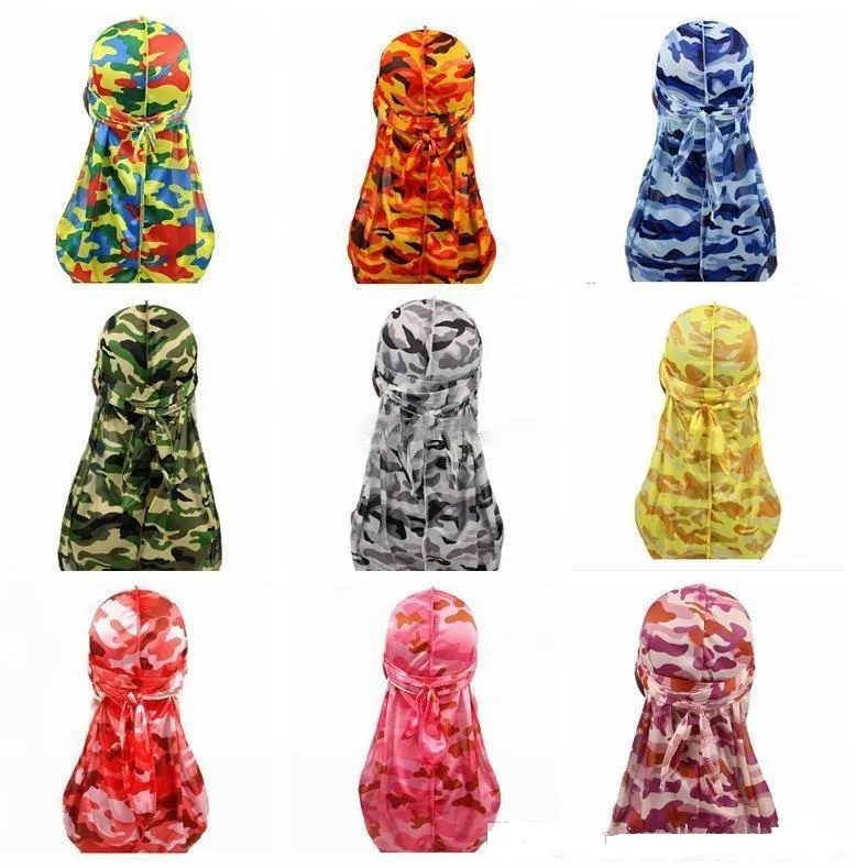 9 color selection Du-rag Miltary Camouflage Silky Durag Hot New Colorful Premium 360 Waves Long Tail Silky Durags Hiphop Caps Men Women