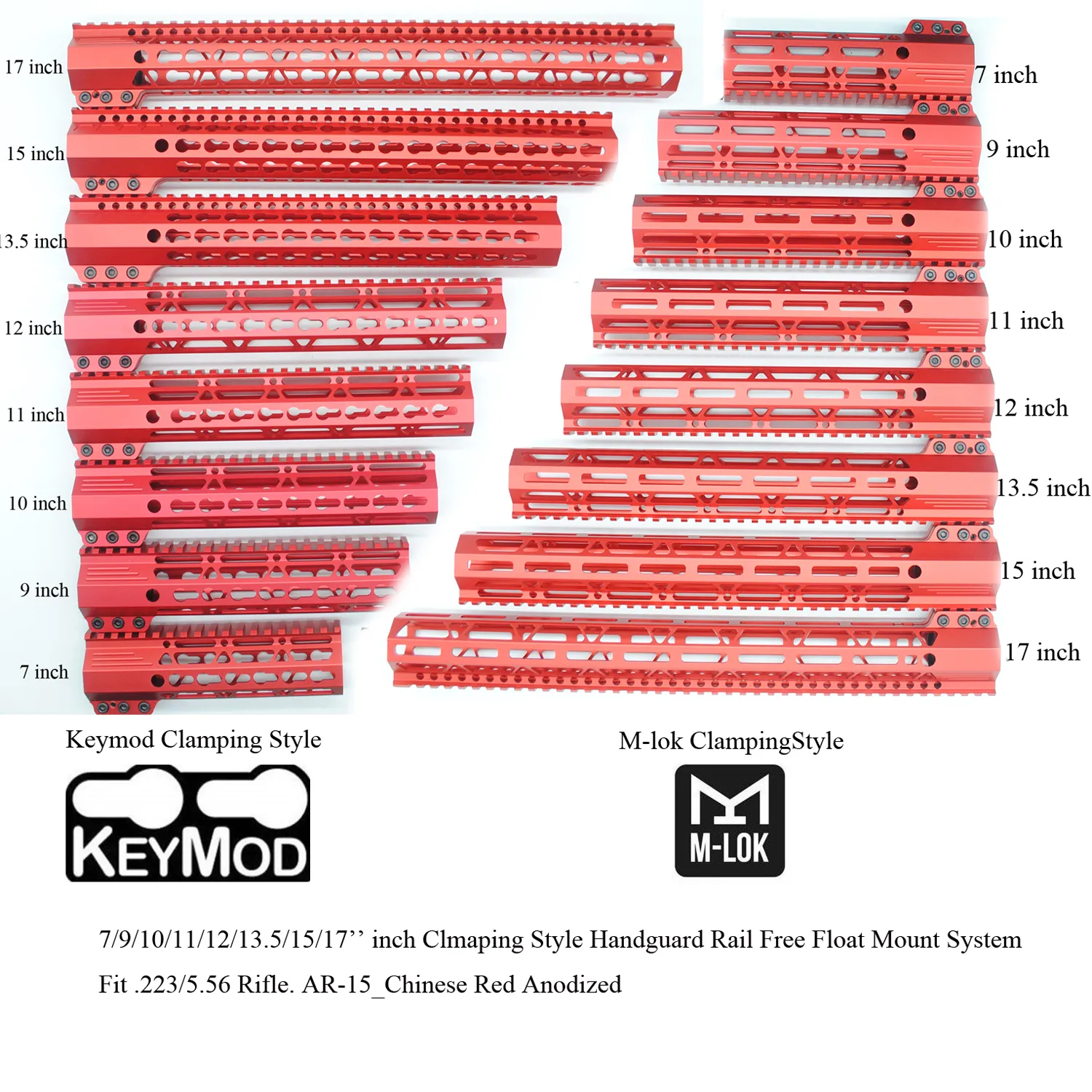 7/9/10/11/12/13,5/15/17'' pollici Keymod/M-lok Stile di bloccaggio Sistema di montaggio Picatinny flottante per guida paramano_Anodizzato rosso