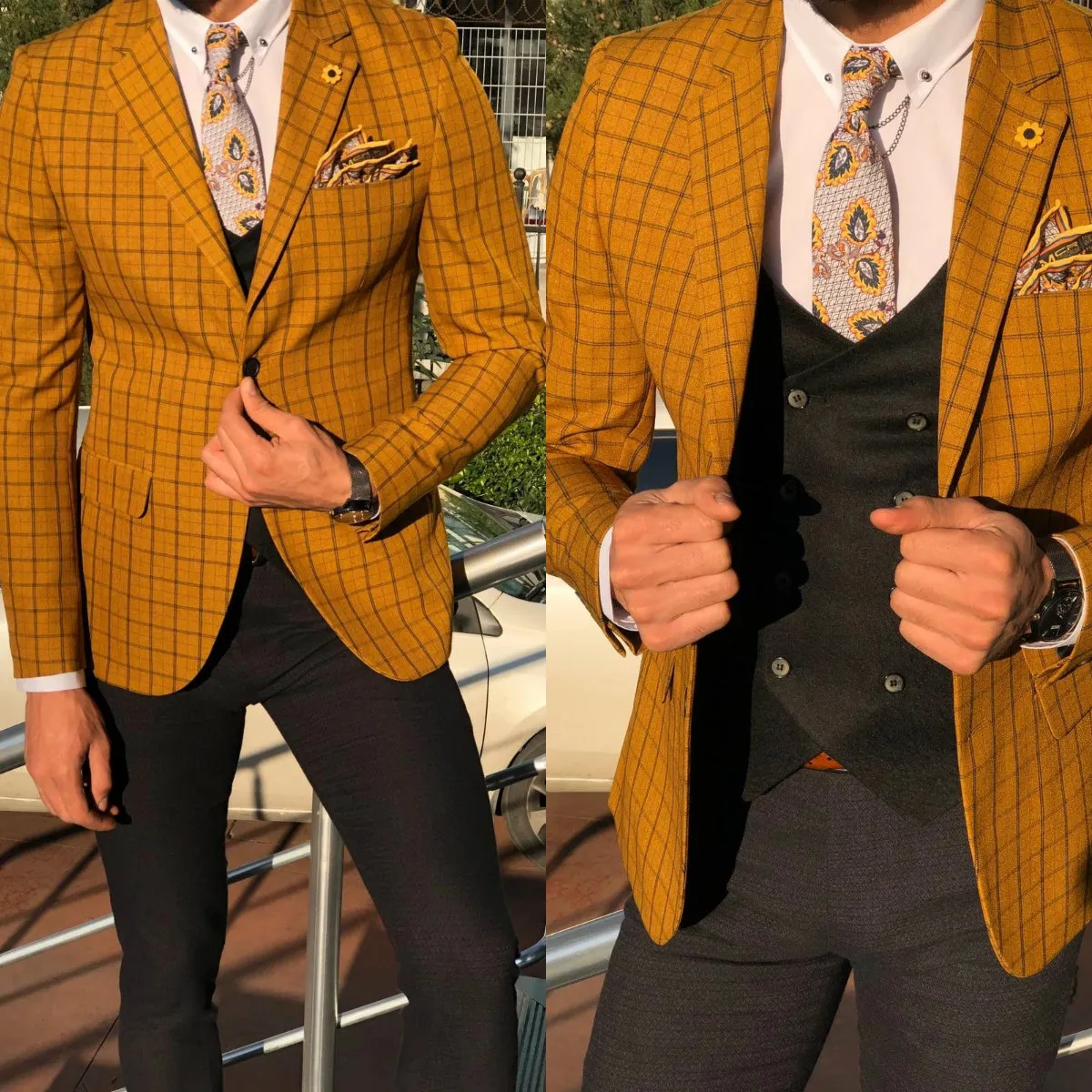 Custom Made Made Suit 2020 Ślub Tuxedos 2 Przyciski Plaid Best Man Garnitury Groom Nosić Tweed Tuxedos 3 sztuki Garnitury (Kurtka + spodnie + kamizelka)