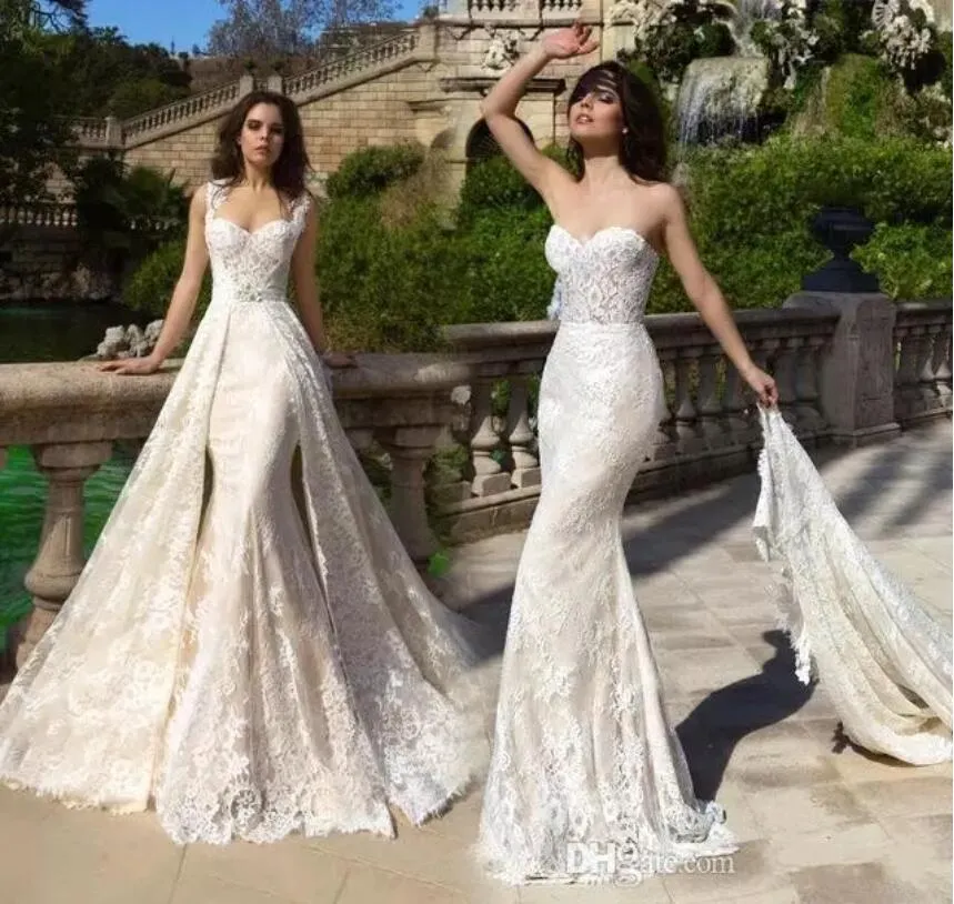 Inbal Dror 2019 Delikat franska spetsar Bröllopsklänningar Avtagbara tåg Mermaid Bridal Gowns Sweetheart Vintage Wedding Dress Robe de Mariage