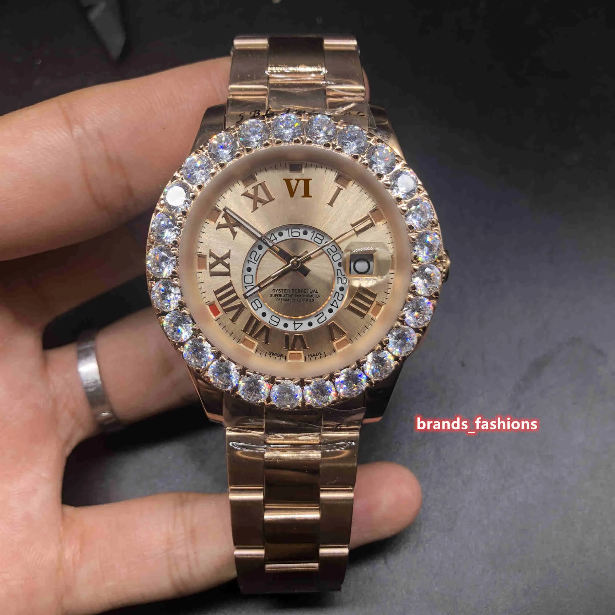 ブティックメンズファッションビジネス腕時計ローズゴールドステンレススチール腕時計プロングセットダイヤモンド腕時計自動機械式スポーツ腕時計