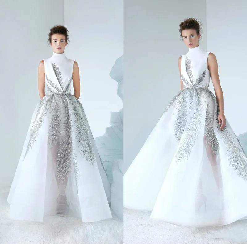 Ny Libanon Prom Klänningar High Neck Luxury Pärlor Sequins Tulle Floor Längd Evening Dress Party Wear Custom Made Formal Gowns 4274