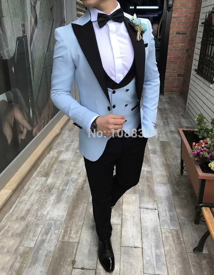 High Quality One Button Sky Blue Groom Tuxedos Peak Lapel Men Suits Wedding/Prom/Dinner Best Man Blazer (Jacket+Pants+Vest+Tie) W400