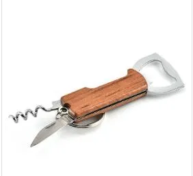 Openers Wooden Handle Bottle Opener Keychain Knife Pulltap Double Hinged Corkscrew Stainless Steel Key Ring Openers Bar WY101