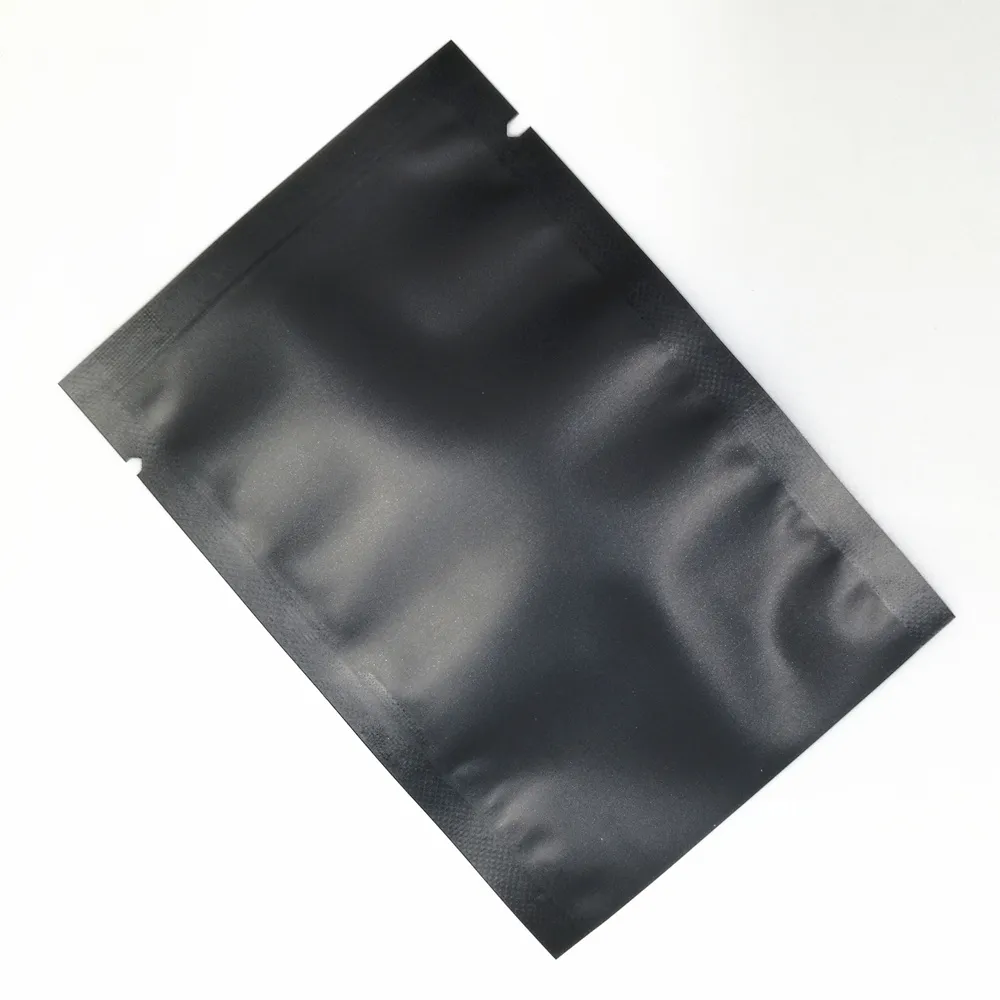 Folha de alumínio metálico preto fosco aberto de alimento de alimento superior de alimentos de calor para café feijões de arroz de pó embalagem sacos de amostra 3 tamanhos pequenos