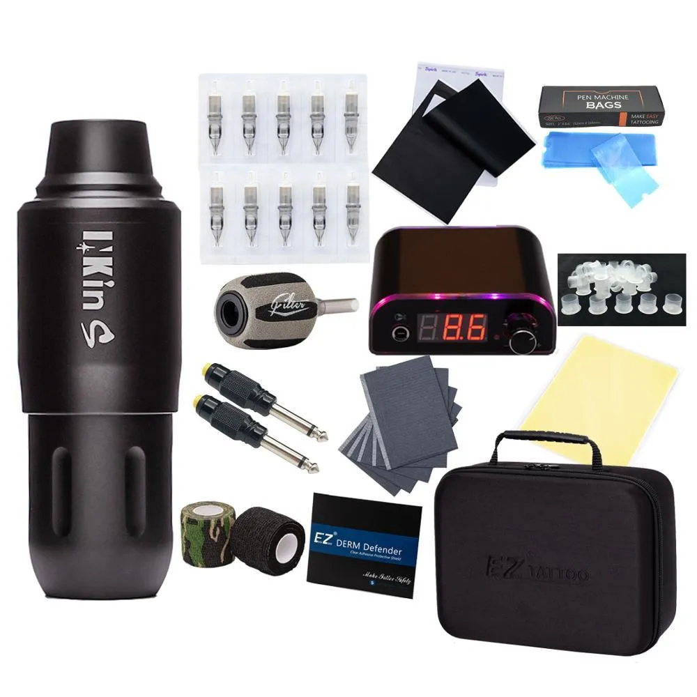 Kit de tatuaje EZ completa Principiante Motor máquina de la pluma con la fuente de alimentación Pedal Cartucho de las agujas del tatuaje Conjunto tatuaje de la fuente T200609