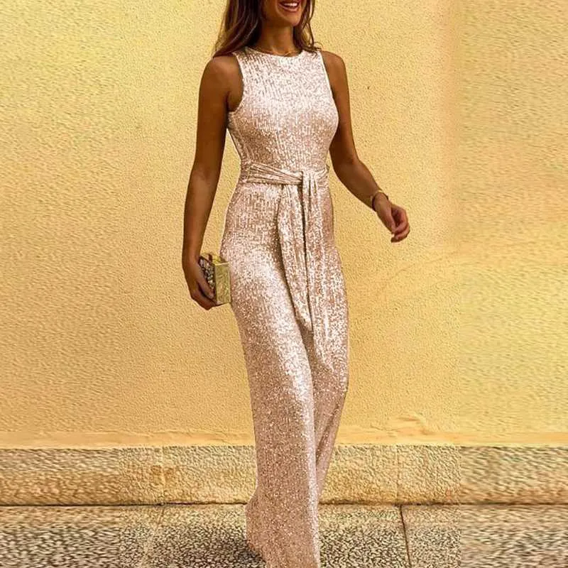 Sexy Sequin Jumpsuits for Women 2024 Sleeveless Glitter Shiny Wide Leg Romper Trousers