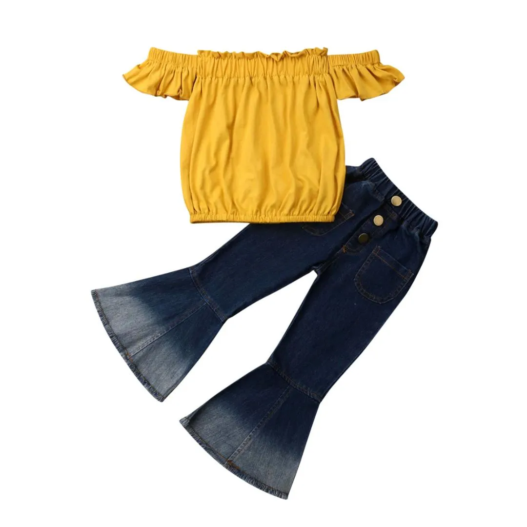 New Arrivels Toddler Kid Baby Girl Tops à épaules dénudées Denim Pantalon évasé Jeans Outfit 2-7T