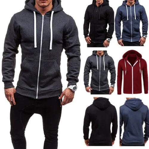 New Thick Hooded Tee Slim Zip Mens Long Sleeve Muscle Warm Zip-Up Hoodie Slim Fit Sweatshirt Gym