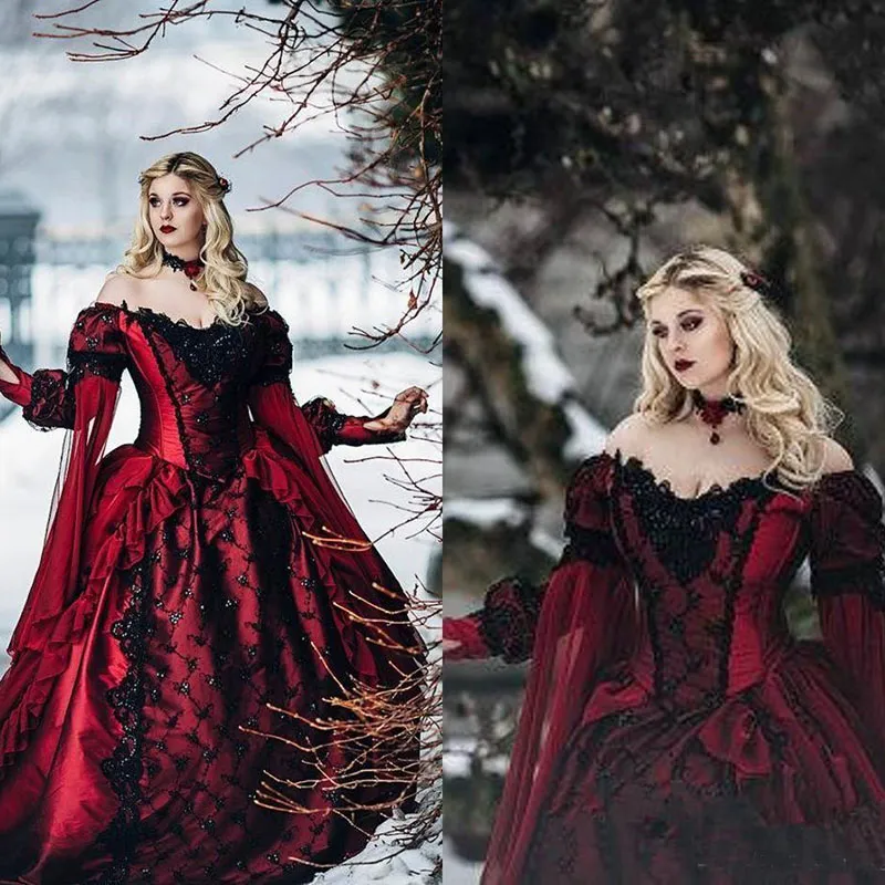 Gothic Sleeping Beauty Princess Medieval Burgundy Black Wedding Dresses Long Sleeve Lace Appliques Bridal Gowns Victorian Masquerade Party